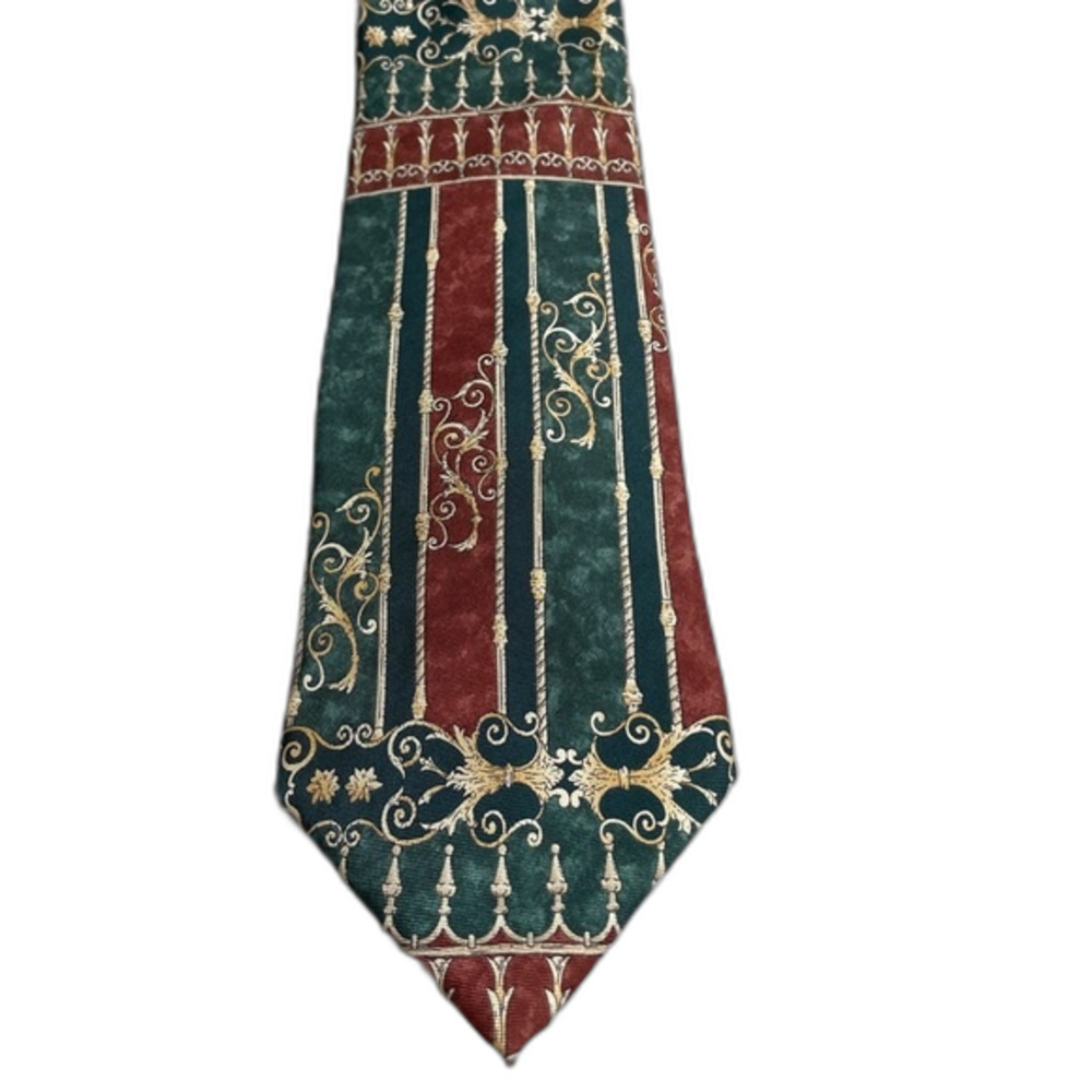 Bill Blass Mens Neck Tie 100% Silk Red Green Gold